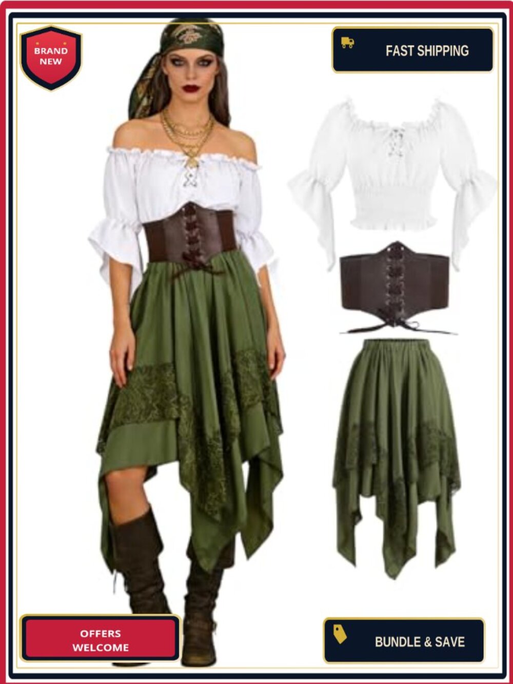 Women's Pirate Costume 3-Piece Renaissance Peasant Top Corset Skirt Set